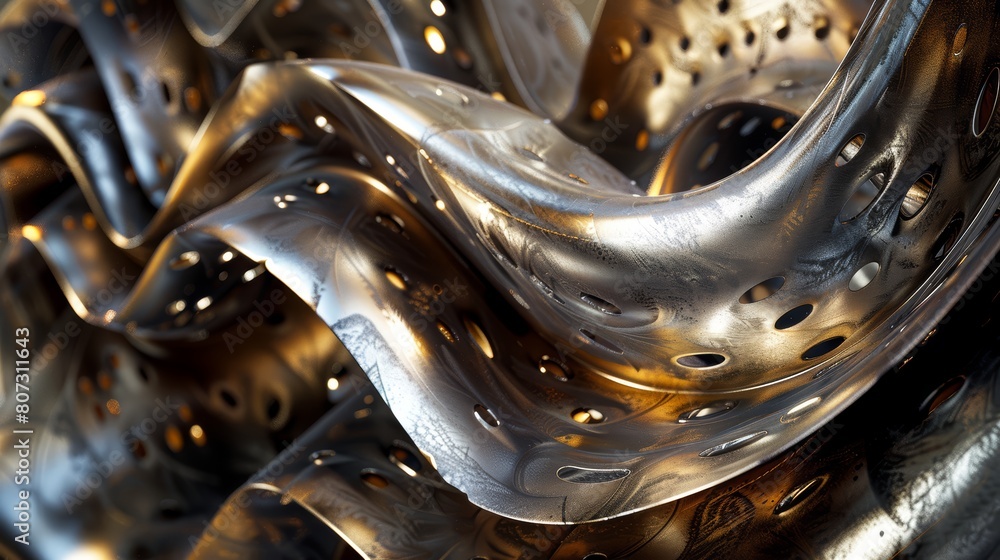 Poster detailed close-up showcasing metallic swirls in a high-res format, emphasizing the interplay of ligh