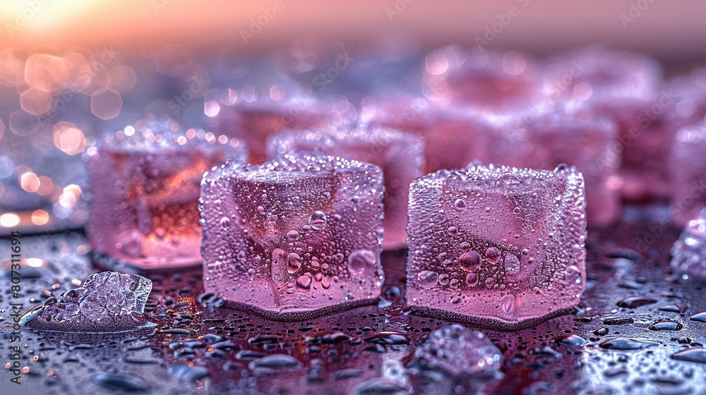 Poster a collection of ice cubes arranged on a table with droplets of water surrounding them closely