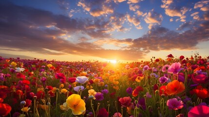 Panoramic view of a field of poppies at sunset