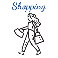 Happy woman is going from shopping with bags and packages and gifts. Hand drawn vector sketch illustration in doodle engraved line art vintage style isolated on white background. Store, character