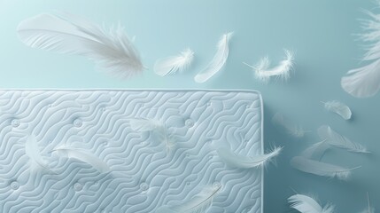 Detailed banner view of a mattress on a serene light blue background, complemented by soaring feathers, with copy space on top