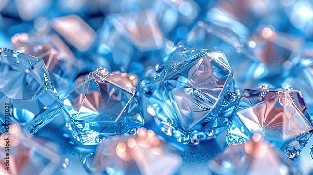 Poster a close-up of a collection of glistening blue, diamond-like objects on a blue surface with a subtle 