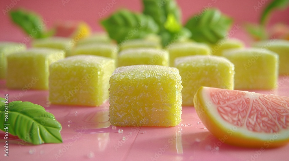 Poster a pink-topped table with cake slices beside a grapefruit and a grapefruit slice