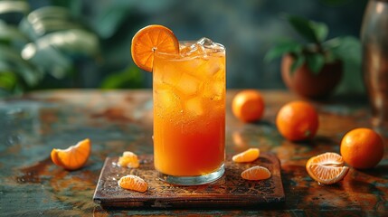   An orange glass of juice, adorned with a slice on top and surrounded by orange pieces - Powered by Adobe