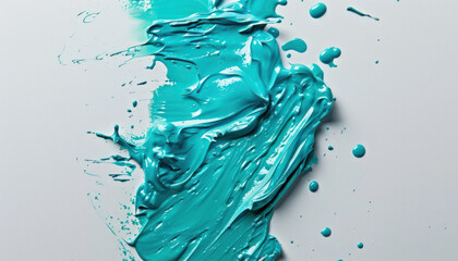 A close-up view of transparent turquoise paint smudges on a clean white surface