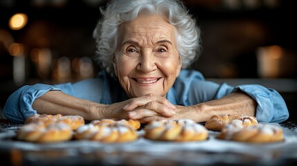   A woman smiling at the camera while holding a plate of doughnuts on a table - Powered by Adobe