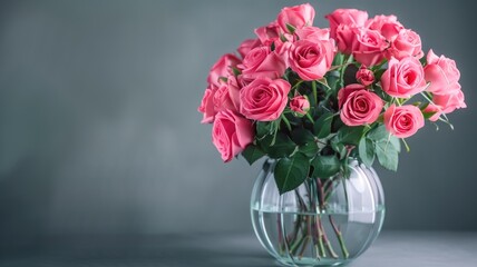 Fototapeta premium Fresh pink roses in a clear vase