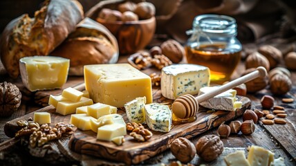 Artisanal cheese selection with honey and nuts, rustic wooden setting.