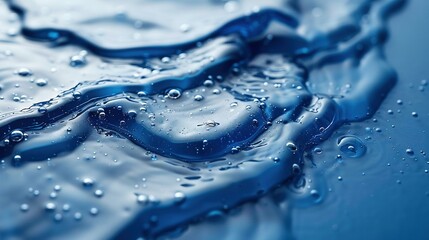   A close-up of water droplets on a blue surface, with droplets on both the surface and the droplets