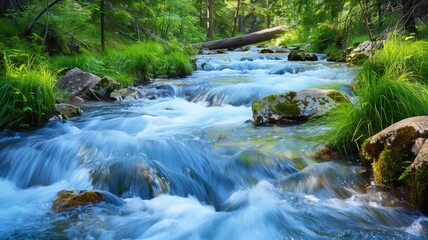 Fototapeta premium A serene landscape featuring a clean river flowing through a lush forest.