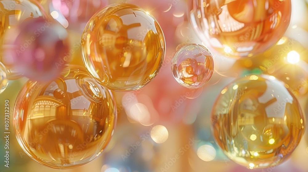 Poster bubbles floating on a pink-yellow background with a building between them