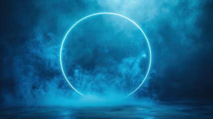   A blue circle rests on a dark blue backdrop with smoke, water surrounding it, and a glowing source emanating from the circle's center