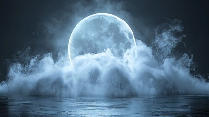  A full moon over water with clouds in both foreground and background