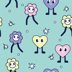 Funny seamless pattern with flowers and hearts. Vector hand drawn illustration.