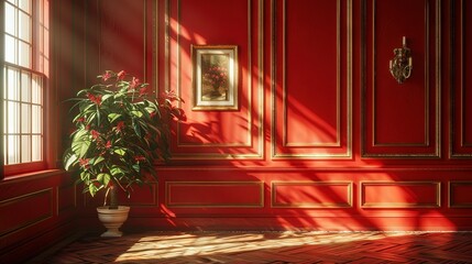  A potted plant sits in a corner of the red-walled room, adorned with a golden frame on the wall