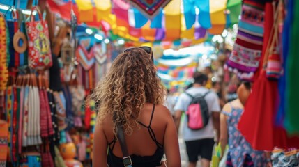 Obraz premium A woman in a black bikini top is casually strolling through a bustling market filled with various stalls and vendors.