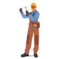 Construction Worker Wearing A Yellow Hard Hat, Holding A Hammer And Carrying A Toolbelt. Handyman Character