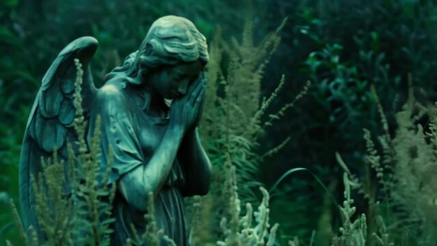 A hauntingly beautiful statue of a weeping angel stands amidst the ly plants its melancholic expression mirroring the desolate landscape. 2d flat cartoon.