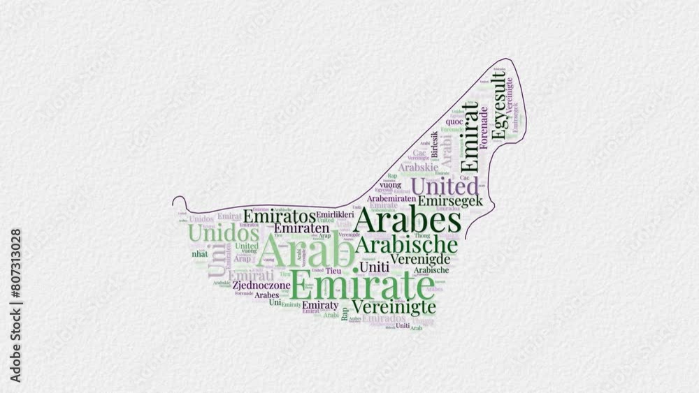 Poster uae logo animation featuring a word cloud of country names in multiple languages on a paper-style ba