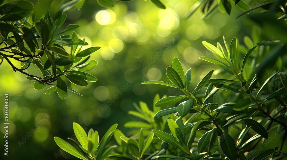 Poster a leafy tree branch with sunlight filtering through the foliage and a hazy forest backdrop
