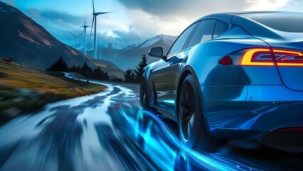 Electric car driving through wind turbine farm on mountain road. Concept Electric Cars, Renewable Energy, Sustainable Transportation, Mountain Roads, Wind Turbines