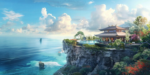 Luxurious traditional Asian house on a cliff overlooking the ocean. Exquisite landscape with garden and sea view. Peaceful retreat and luxury travel concept