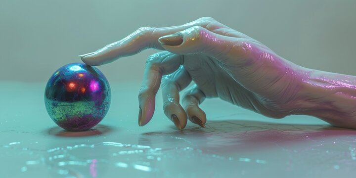 a alien hand is touching a ball against a gradient background