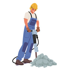 Construction Worker Wearing A Yellow Hard Hat, And Blue Overalls Operating A Jackhammer Tool, Vector Illustration