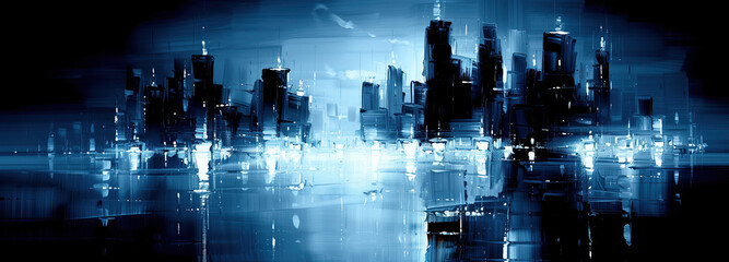 Midnight metropolis. A captivating cityscape illuminated in shades of blue and black, showcasing towering skyscrapers, twinkling city lights, and a bustling urban atmosphere under the night sky