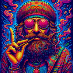 Digital art vibrant colorful psychedelic hippie character smoking a blunt