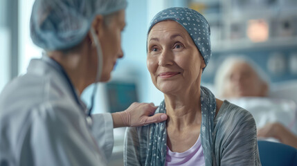 A woman wearing a bandana is engaged in conversation with another woman