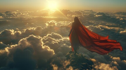 Woman in a Red Cape Standing on a Cloud