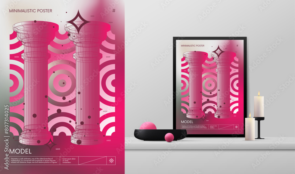 Fototapete Vector gradient minimalistic rave Poster with strange wireframes graphic of geometrical shapes Y2K design inspired by brutalism and mockup in the interior, two column on blurred pink background