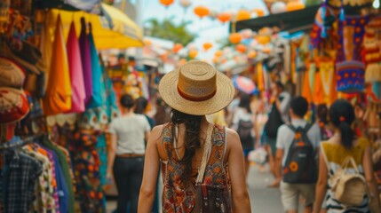 Naklejka premium A woman with a hat walking through a busy market, surrounded by stalls and people.