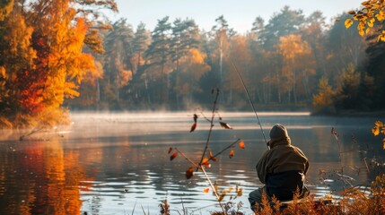 Person Sitting on Dock Fishing on Lake
