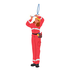 Female Electrician Wearing Red Jumpsuit, Helmet And Tool Belt Work with A Cable, Involved In Tasks On Construction Sites