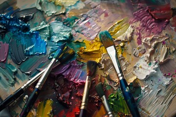 Oil paint strokes and brushes on an artist's palette