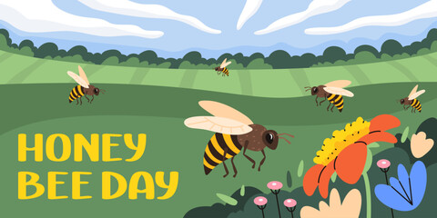 Group of honeybees fly around meadow and collect pollen from flowers. Honey bee day banner. Vector flat illustration.
