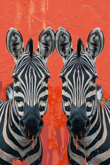 Obraz premium Stunning Digital Art of Two Zebras on a Vibrant Orange Background with Dynamic Textures