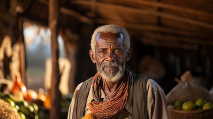 Elderly African Man in Traditional Attire Standing in Front of His Home with Produce