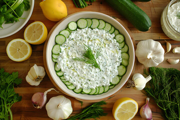 Fresh Tzatziki Recipe Displayed with Vibrant Whole Ingredients in a Rustic Kitchen Setting