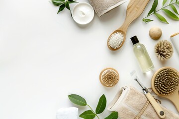 Eco-friendly spa accessories still life on white background with ample space for text placement