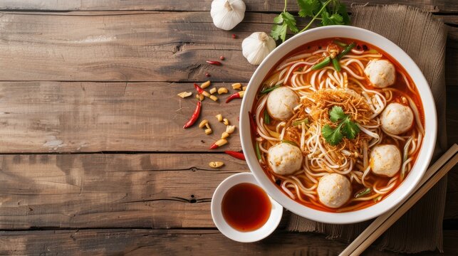 Noodle food Chinese Noodle with fish ball and white bowl on wood table chopstick
