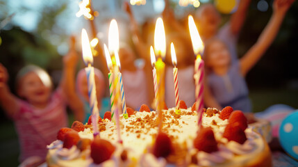Close-up of a birthday cake with lit candles and fresh strawberries on top