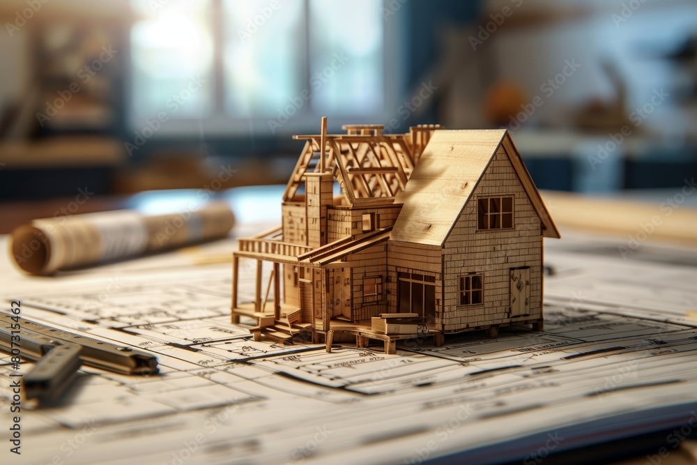 Poster construction worker on site building a house using blueprints in a construction project
