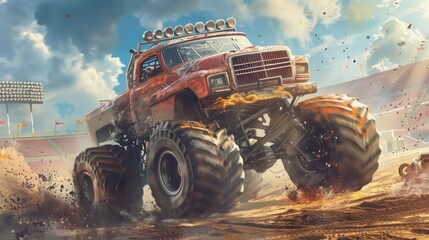 Monster truck in red tones on a dust with blue sky background,AI generated image.