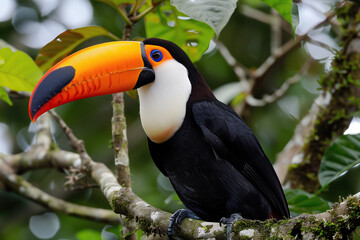 A toucan tropical bird sitting on a tree branch in rainforest