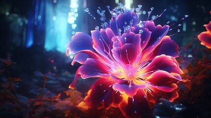 A vibrant neon flower blooming amidst a digital landscape