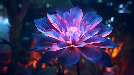 A vibrant neon flower blooming amidst a digital landscape