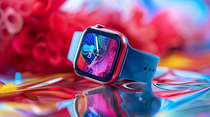 A high-tech smartwatch drawing inspiration from the Apple iPhone 15 Pro Max, offered in various colors against a backdrop of blurred innovation